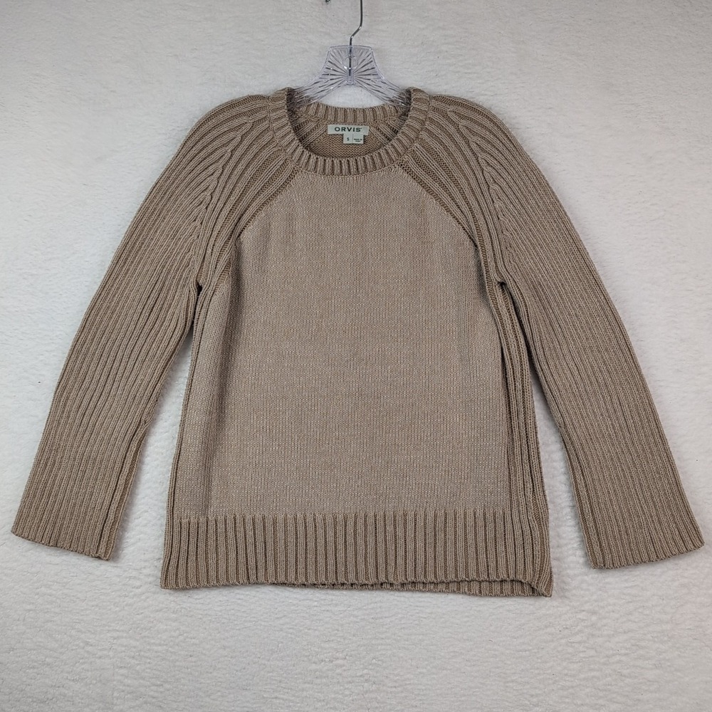 Orvis Crewneck Sweater Women's Small Chunky Knit Fisherman Beige Cotton